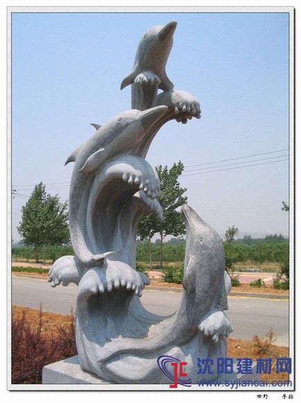 石雕海豚，石雕魚，手工雕刻鯉魚戲水