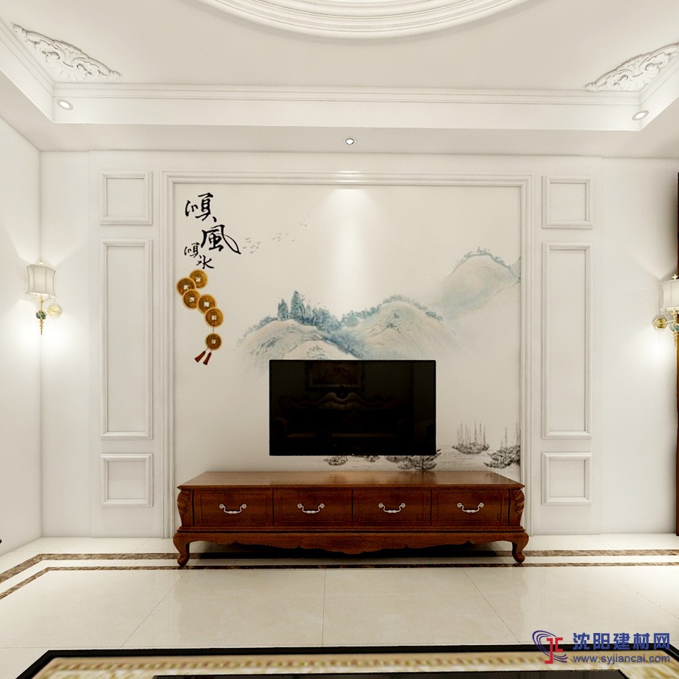 簡結(jié)風(fēng)景畫電視背景墻 天然大理石羅馬柱護墻板